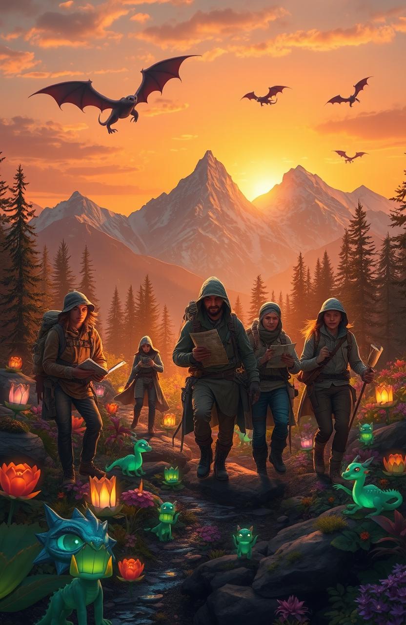 An adventurous scene featuring a group of fearless explorers embarking on a quest for the elusive dragon tears