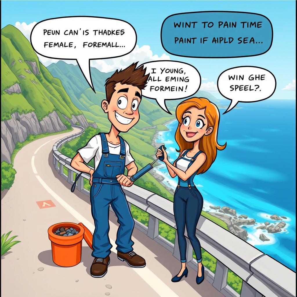 A cartoon-style comic strip featuring a young male worker wearing blue overalls, painting a guardrail beside a winding mountain road overlooking the sea
