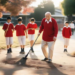 A photograph capturing an elderly man (father) joyfully sweeping the yard of a single-story school at sunrise, surrounded by joyful elementary students in red and white uniforms, taken with a smartphone in the soft morning light.