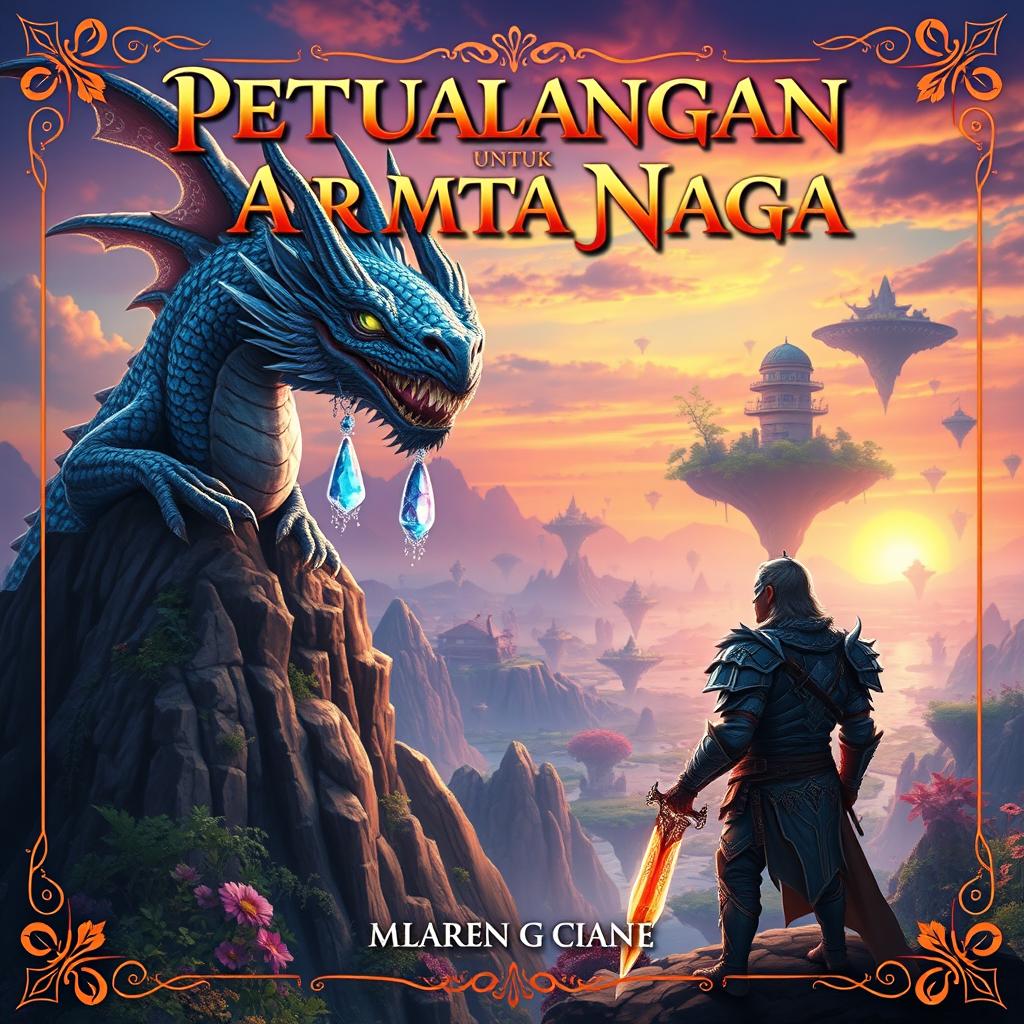 A mesmerizing novel cover for 'Petualangan untuk Air Mata Naga', featuring a mystical dragon with shimmering scales, perched atop a rugged mountain