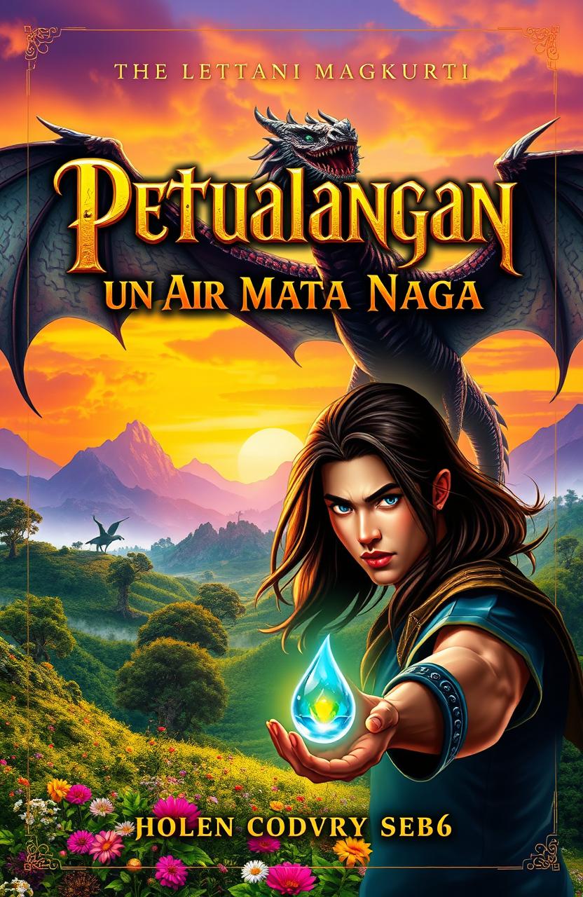 An engaging book cover design for a novel titled 'Petualangan untuk Air Mata Naga'