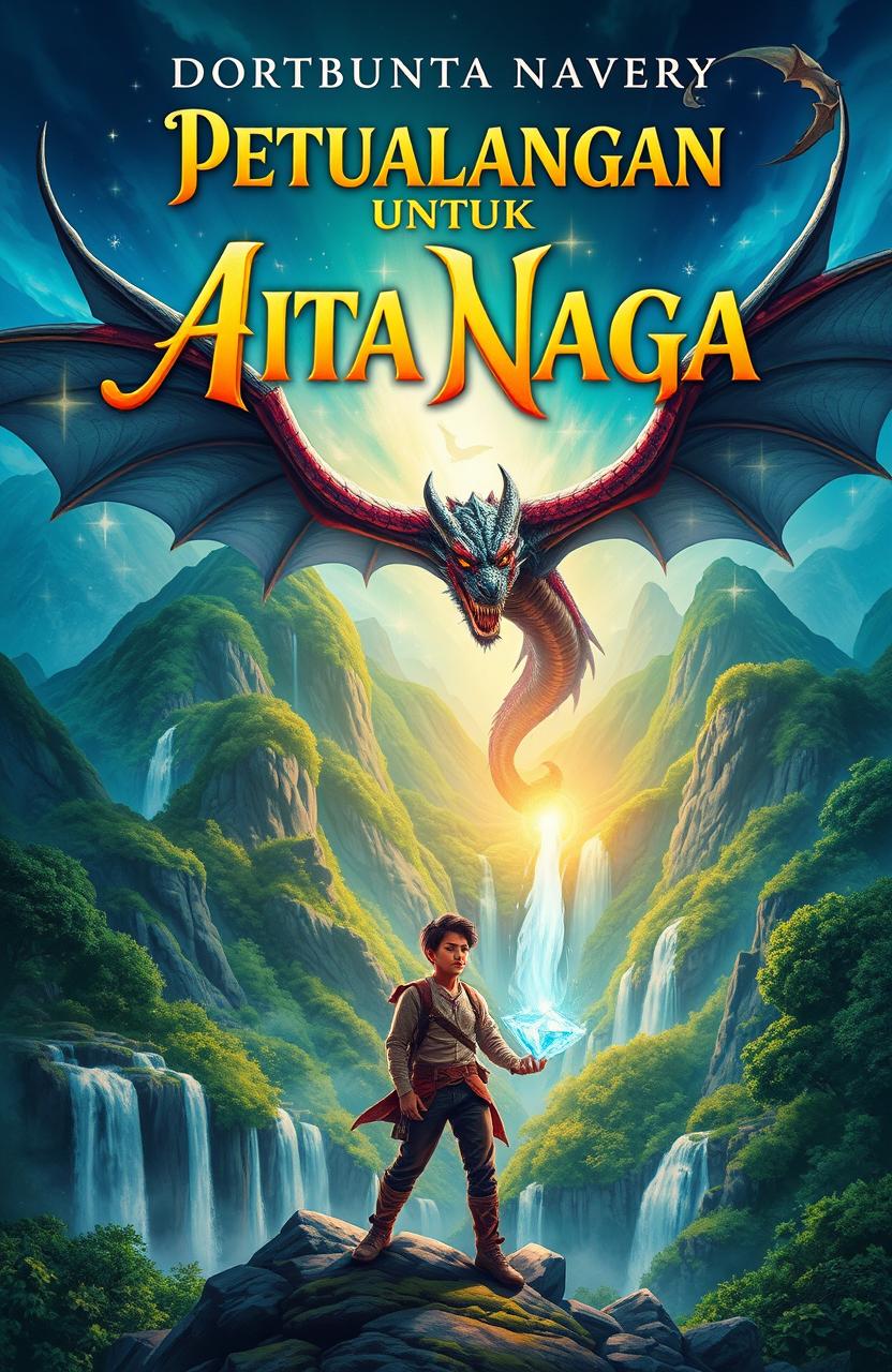 A book cover design for a novel titled 'Petualangan untuk Air Mata Naga' featuring a vibrant and fantastical landscape