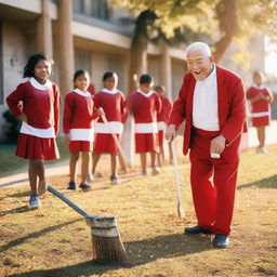 A photograph capturing an elderly man (father) joyfully sweeping the yard of a single-story school at sunrise, surrounded by joyful elementary students in red and white uniforms, taken with a smartphone in the soft morning light.