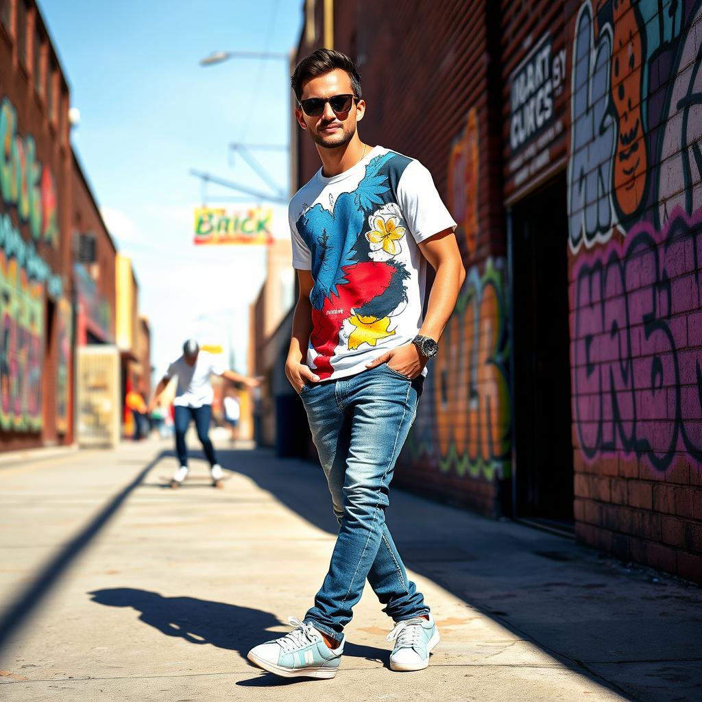A person standing in a dynamic pose, wearing a stylish graphic t-shirt with an abstract design, combined with casual denim jeans