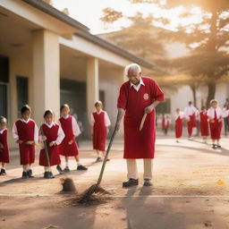 A photograph capturing an elderly man (father) joyfully sweeping the yard of a single-story school at sunrise, surrounded by joyful elementary students in red and white uniforms, taken with a smartphone in the soft morning light.