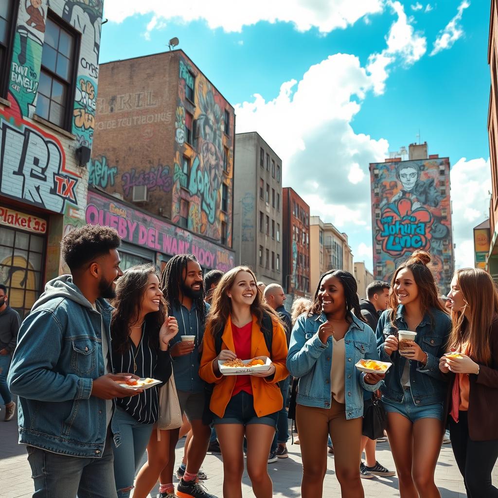 A vibrant urban street scene filled with colorful graffiti murals