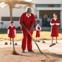 A photograph capturing an elderly man (father) joyfully sweeping the yard of a single-story school at sunrise, surrounded by joyful elementary students in red and white uniforms, taken with a smartphone in the soft morning light.