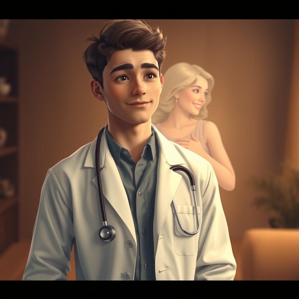 A warm and emotional scene depicting a young man dressed in a doctor's outfit, complete with a white lab coat and stethoscope, standing in a cozy room