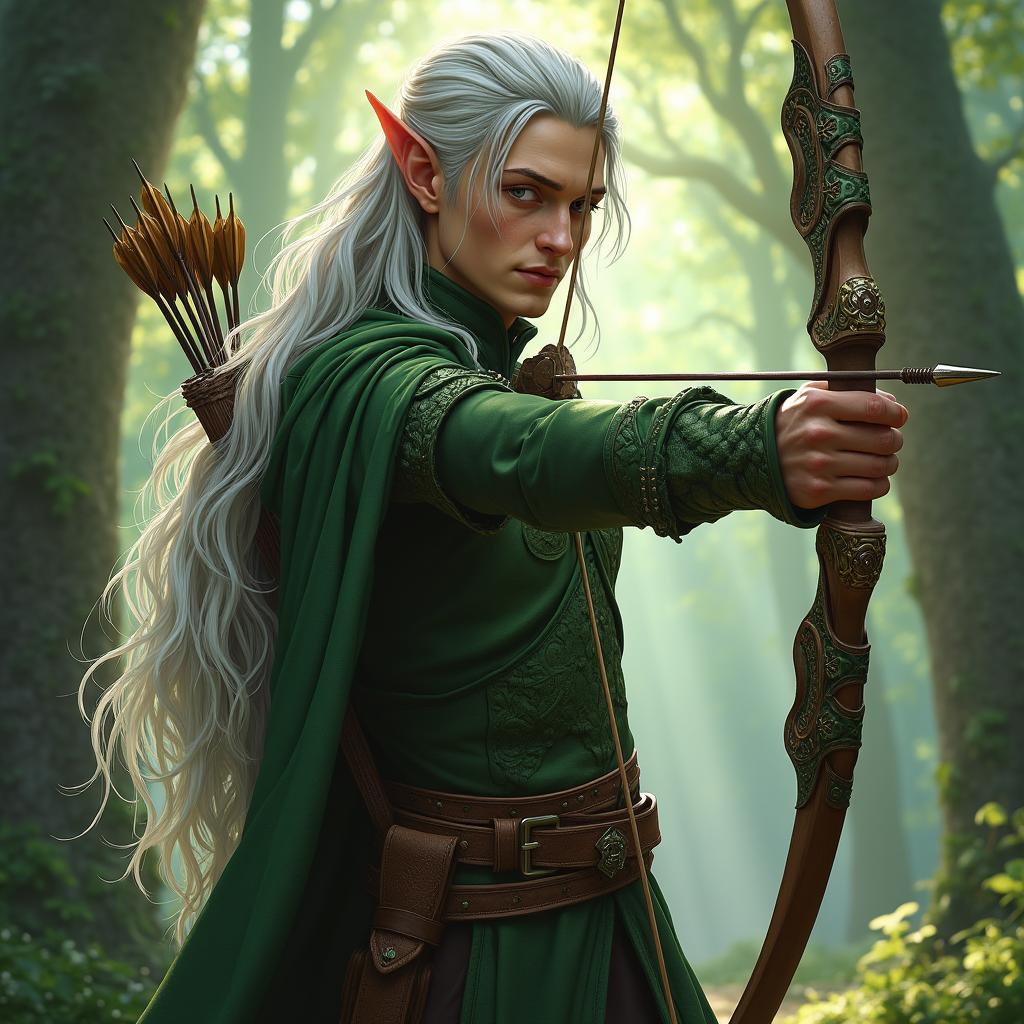 An elven archer inspired by Dungeons & Dragons, standing poised and focused, ready to draw his bow