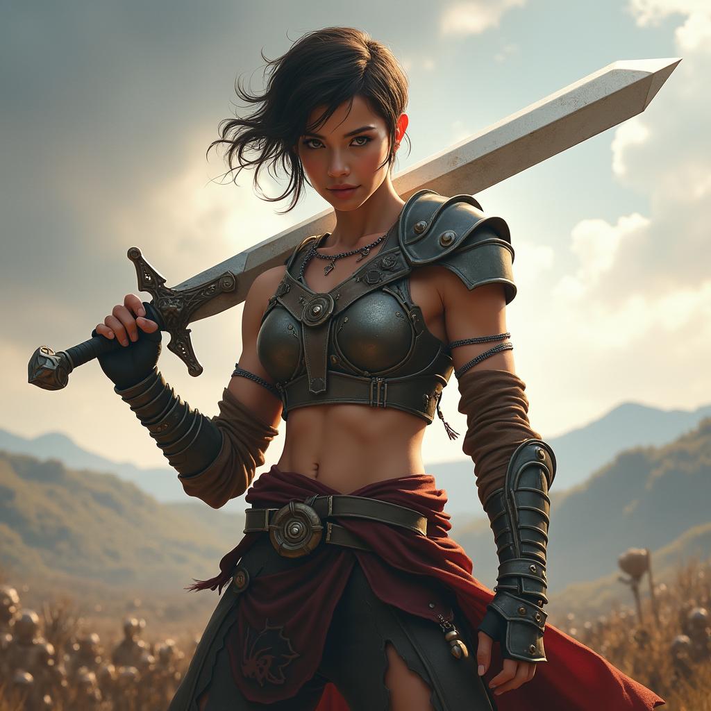 A fierce female warrior ready for battle, showcasing her strength and determination