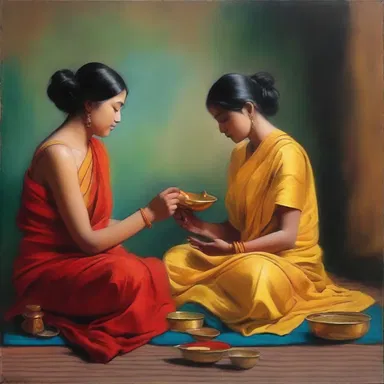 The painting captured the serene moment of anointment, with the subjects adorned in vibrant colors and golden oils.
