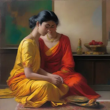 The painting captured the serene moment of anointment, with the subjects adorned in vibrant colors and golden oils.