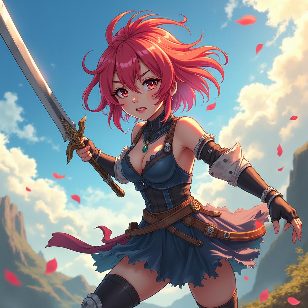 A dynamic anime-style female warrior in a heroic pose