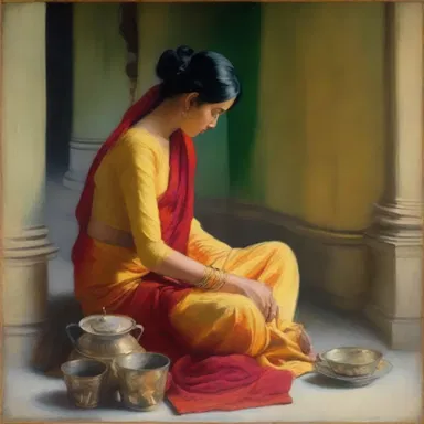 The painting captured the serene moment of anointment, with the subjects adorned in vibrant colors and golden oils.