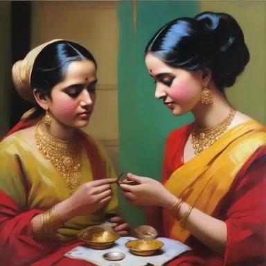 The painting captured the serene moment of anointment, with the subjects adorned in vibrant colors and golden oils.
