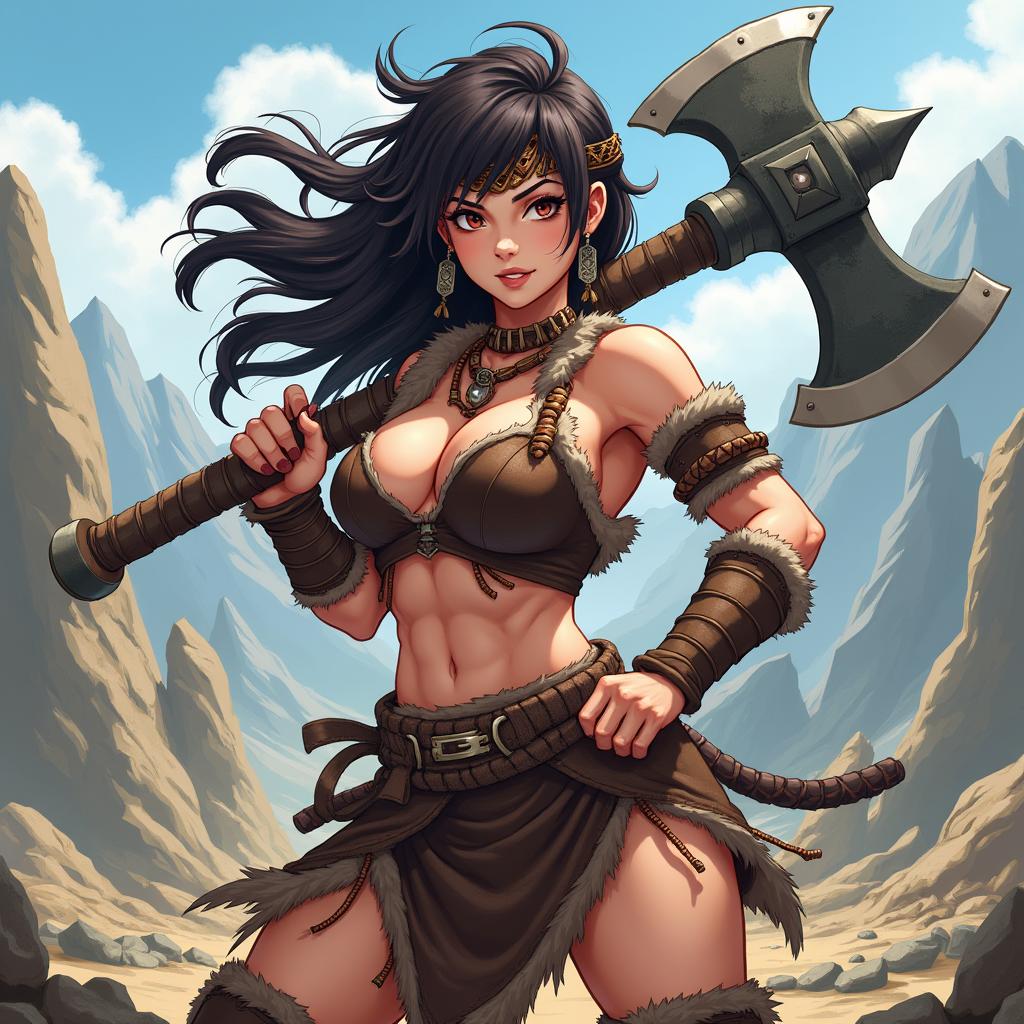 A fierce female barbarian character styled in anime aesthetics, showcasing her strength and warrior spirit