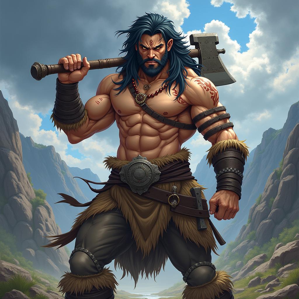 A powerful male barbarian character in an anime style, showcasing a muscular build and a fierce expression