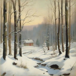 Create an image of a captivating ad campaign for a Snowy Woods Landscape Painting, that is a Vintage Winter Printable Art. Distill the eternal beauty and nostalgia of winter into this exquisite artifact.