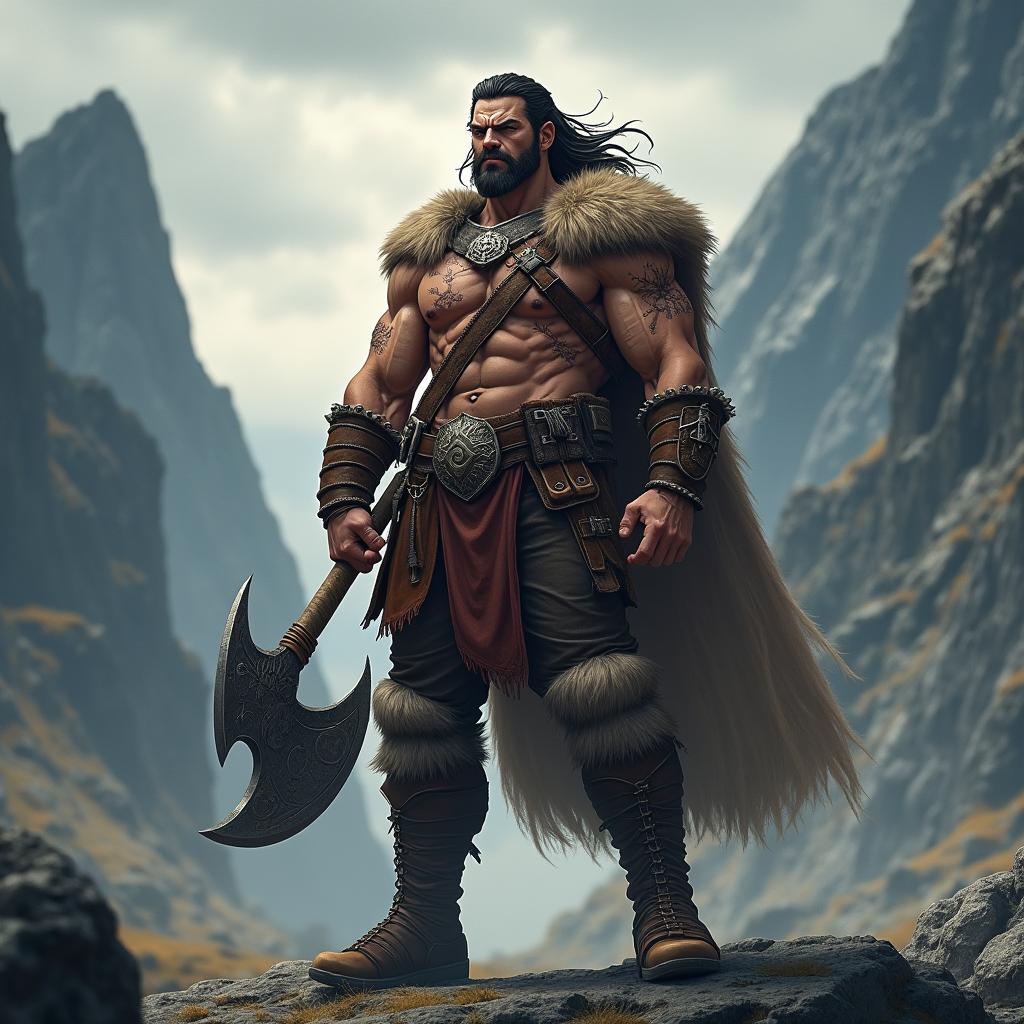 A realistic male barbarian character designed in an anime style, showcasing raw strength and determination