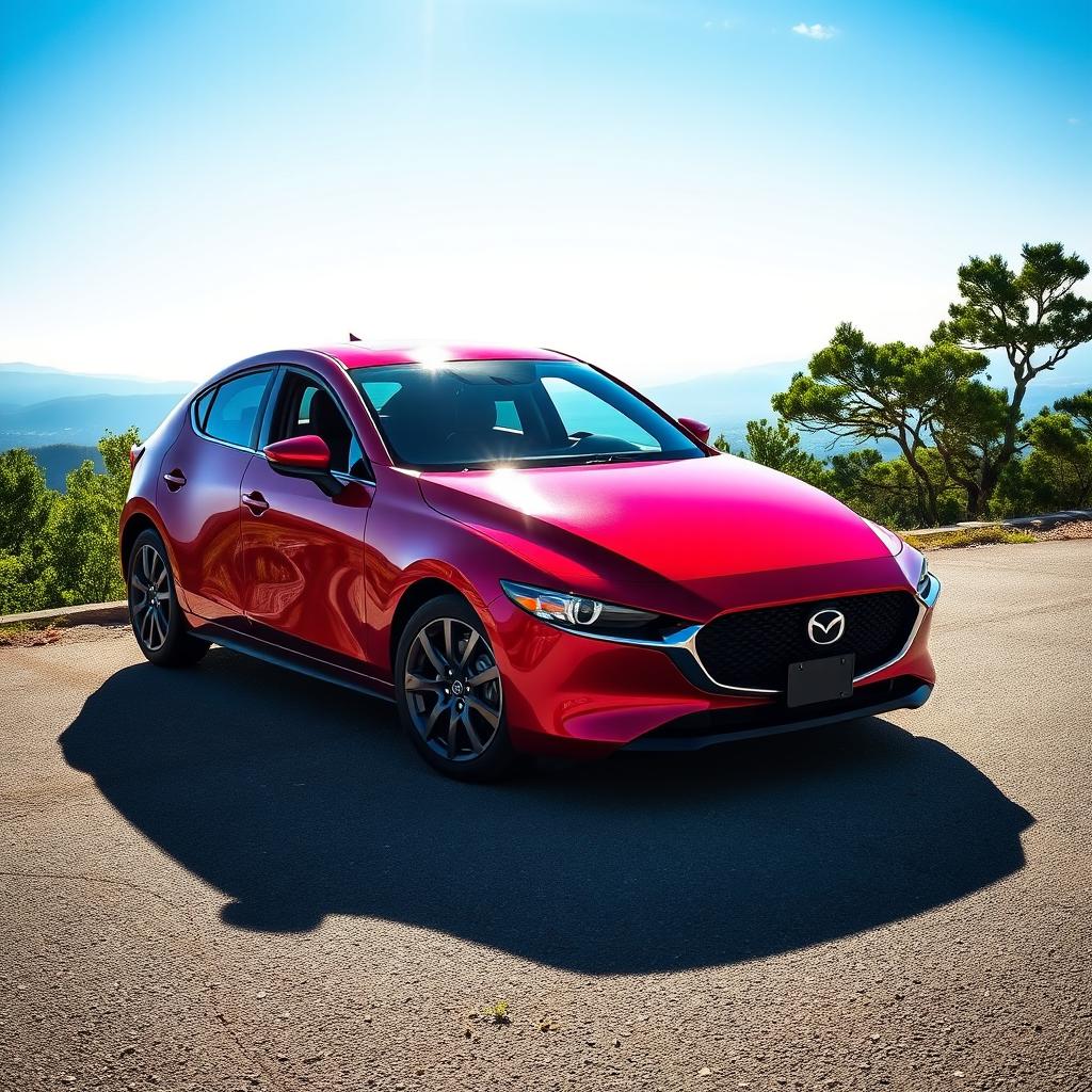 A sleek and modern Mazda 3 parked on a scenic overlook, surrounded by lush greenery and a clear blue sky
