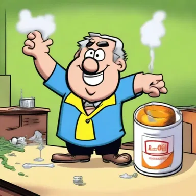 In the cartoon series, the character accidentally spills anointment oil, leading to a comedic chain of events.
