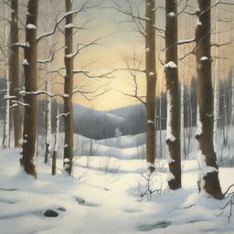 Create an image of a captivating ad campaign for a Snowy Woods Landscape Painting, that is a Vintage Winter Printable Art. Distill the eternal beauty and nostalgia of winter into this exquisite artifact.