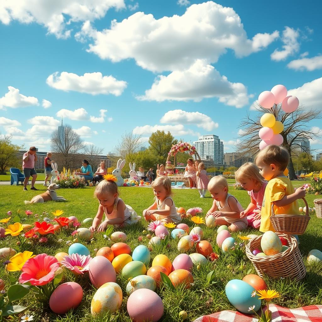 A vibrant and festive Easter celebration scene in a sunny park, featuring a large, colorful Easter egg hunt with children joyfully searching for hidden eggs among blooming flowers