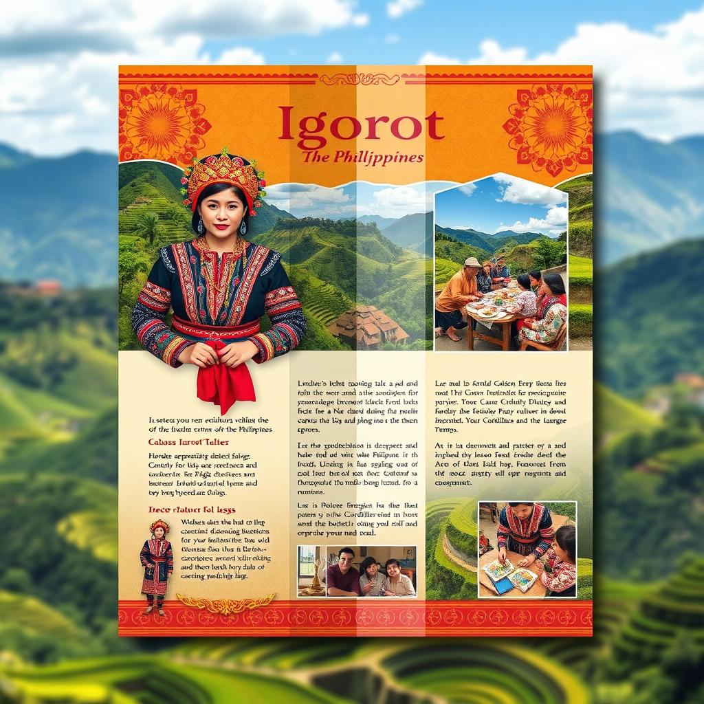 A vibrant and visually appealing brochure design showcasing the Igorot culture, featuring traditional Igorot attire, intricate patterns, and cultural symbols unique to the Igorot people of the Philippines