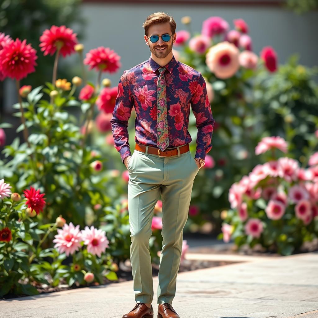 A stylish men's outfit inspired by the vibrant and intricate details of a Dahlia flower