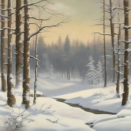 Create an image of a captivating ad campaign for a Snowy Woods Landscape Painting, that is a Vintage Winter Printable Art. Distill the eternal beauty and nostalgia of winter into this exquisite artifact.