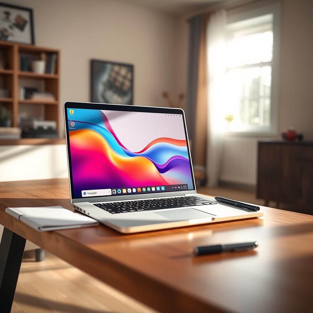 A modern laptop sitting on a stylish wooden desk in a cozy and well-lit room