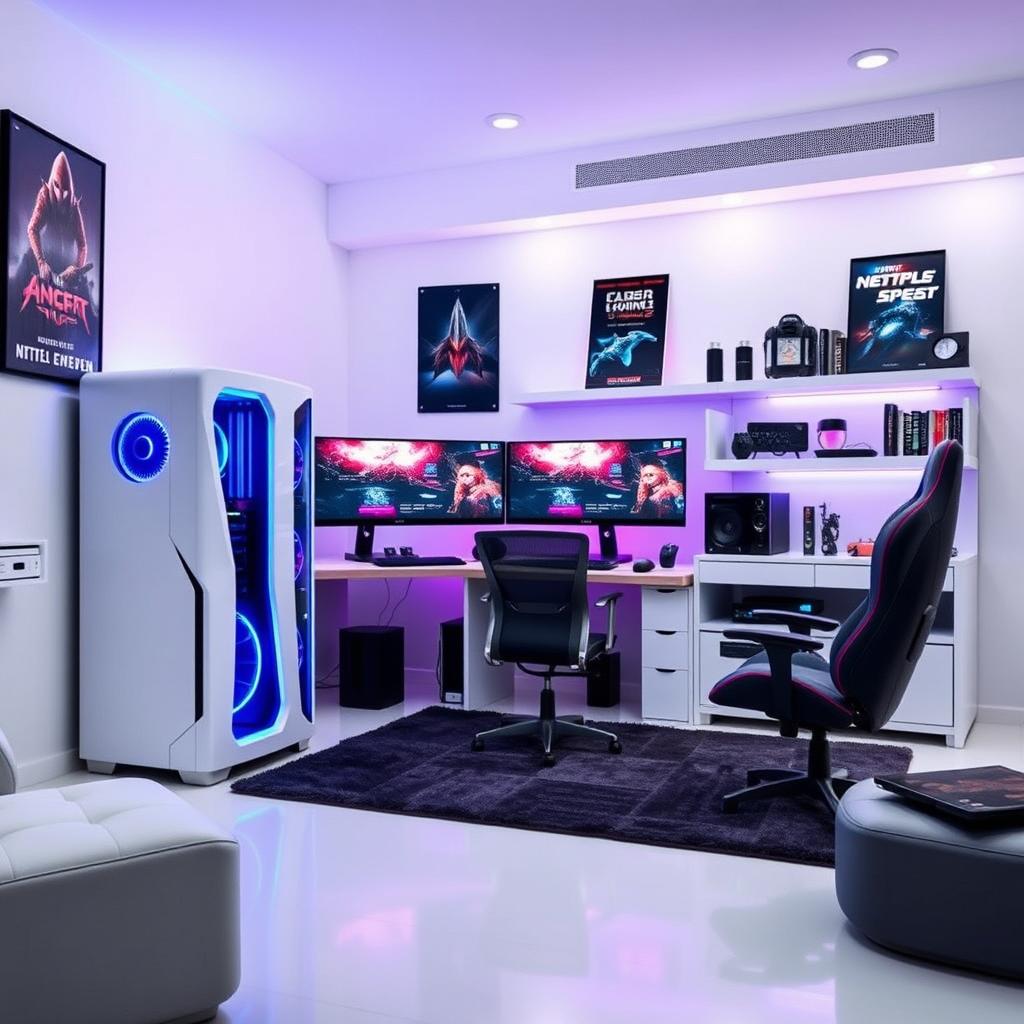 A modern gaming room featuring a large white high-end PC with the NZXT H6 flow case prominently displayed