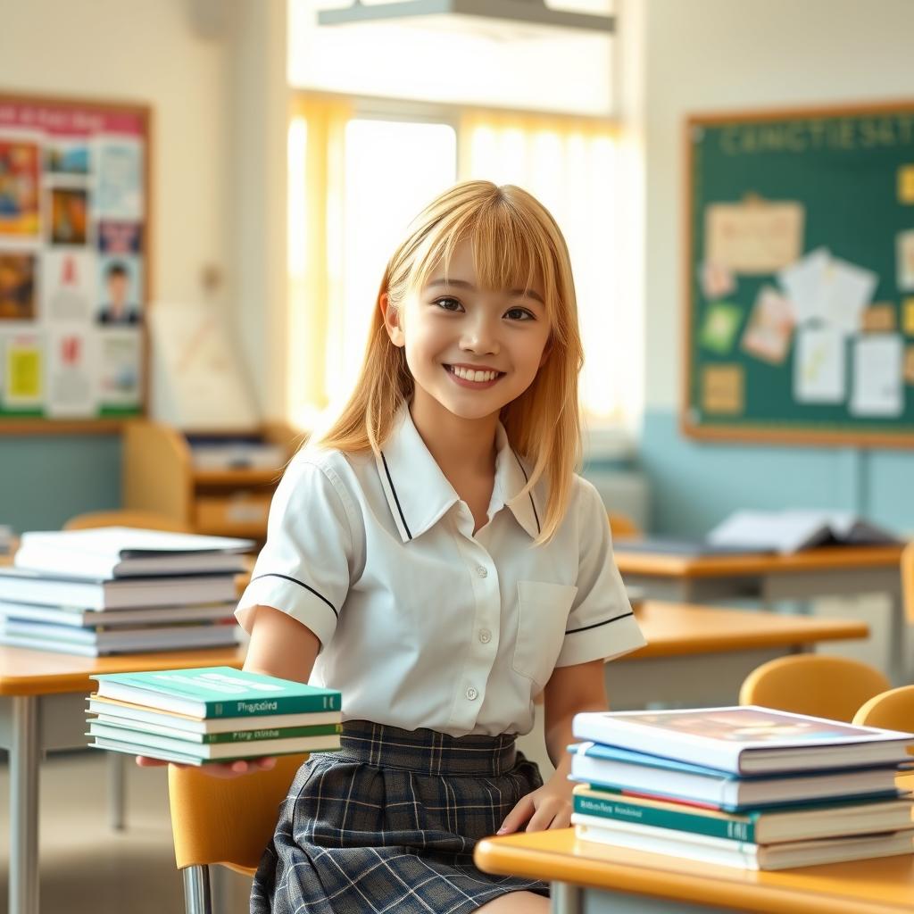 A young Japanese female student with striking blonde hair, smiling cheerfully while sitting at a desk stacked with books and school supplies