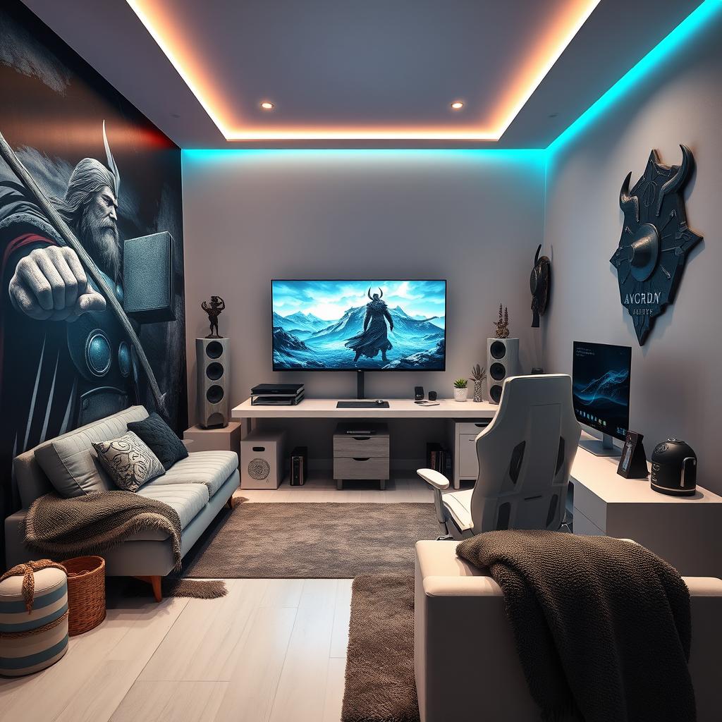 A modern gaming room designed with inspiration from Norse mythology