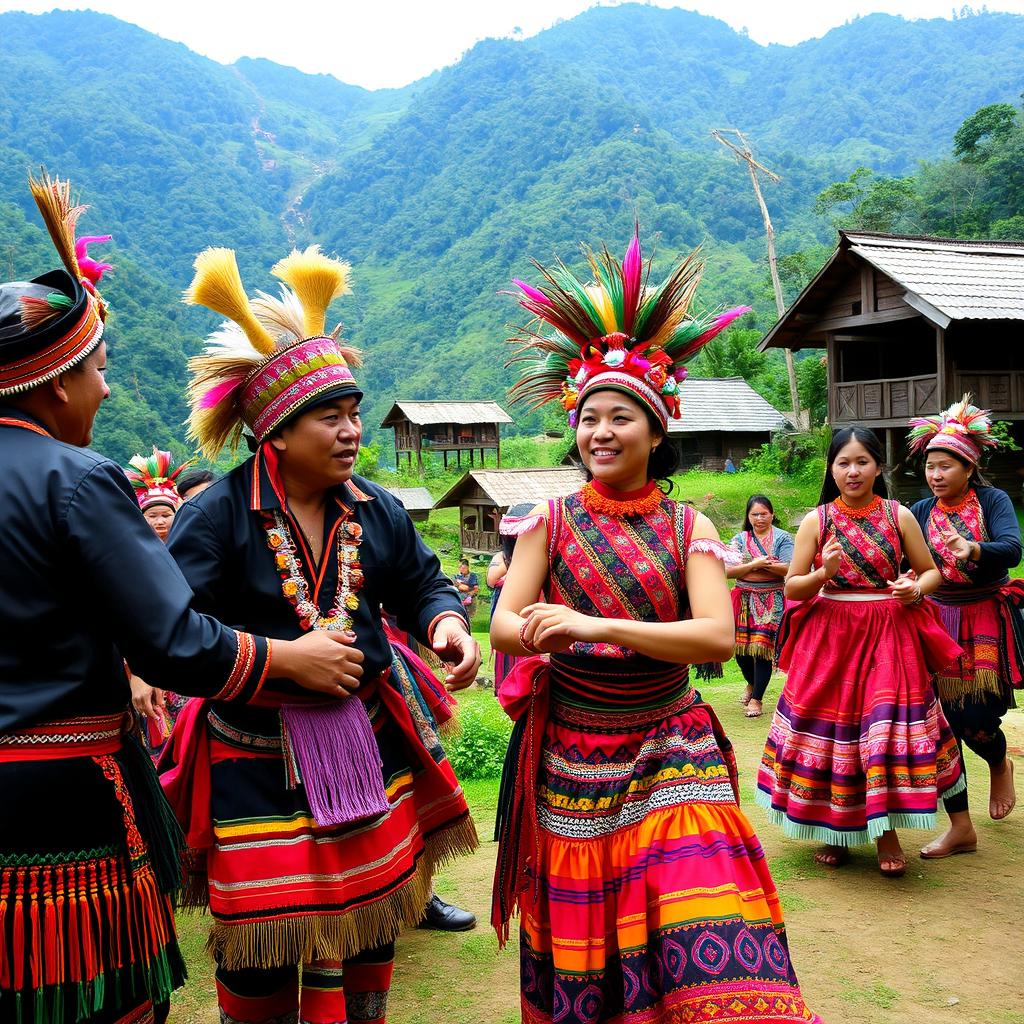 A cultural celebration of the Igorot people, showcasing vibrant traditional attire, intricate beadwork, and colorful headdresses