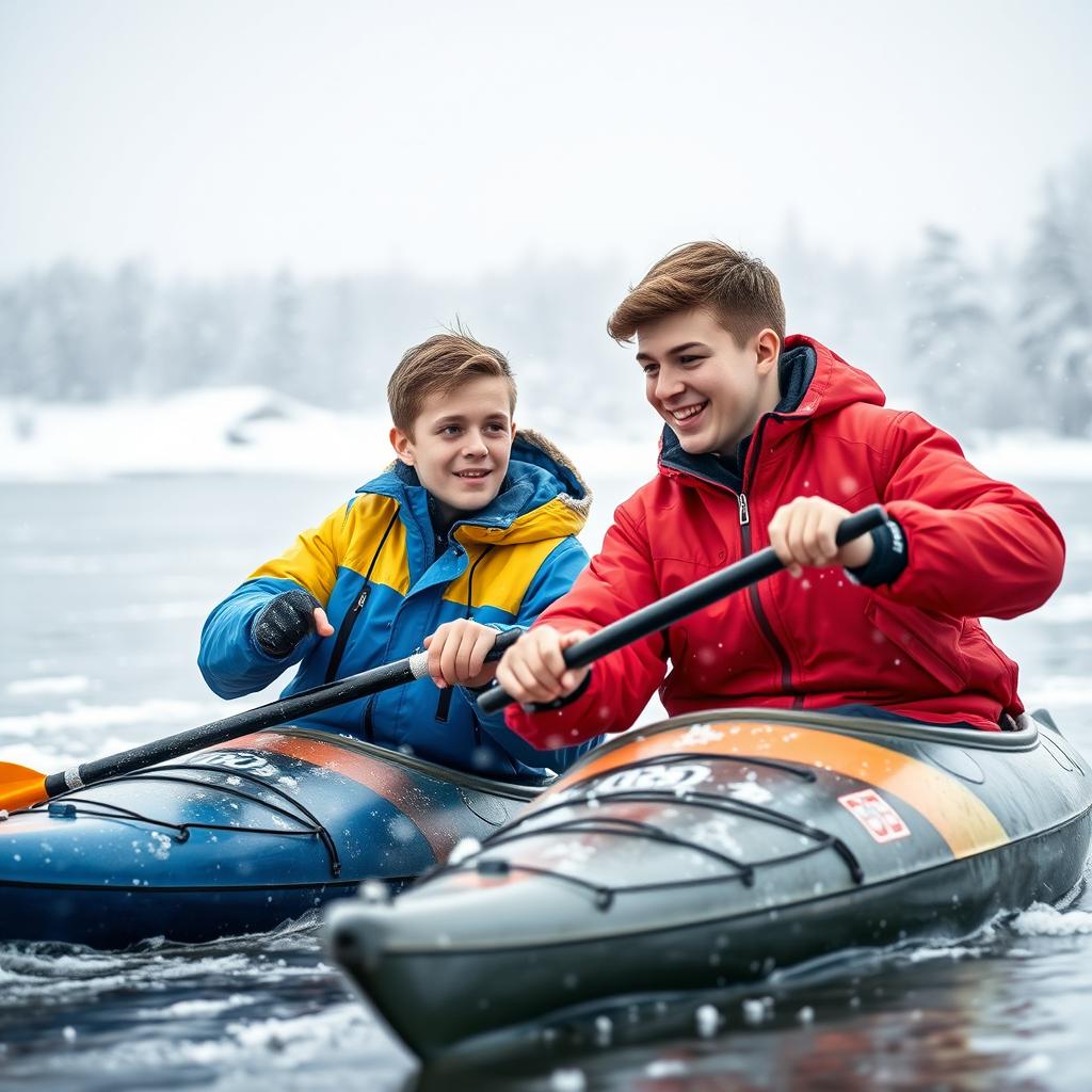 In a Norwegian high school setting during a snowfall, two teenage boys are engaged in a playful rivalry