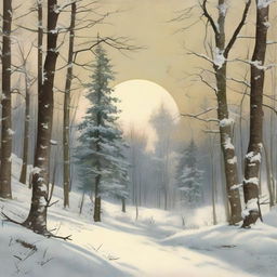 Create an image of a captivating ad campaign for a Snowy Woods Landscape Painting, that is a Vintage Winter Printable Art. Distill the eternal beauty and nostalgia of winter into this exquisite artifact.