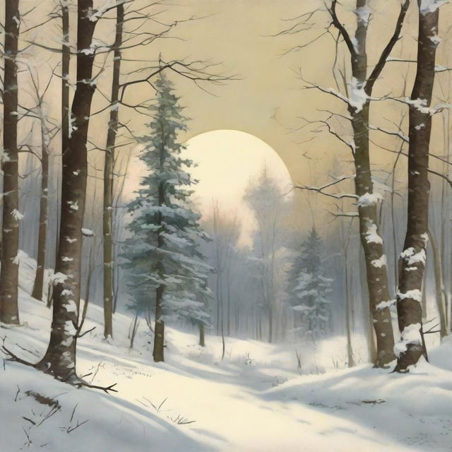 Create an image of a captivating ad campaign for a Snowy Woods Landscape Painting, that is a Vintage Winter Printable Art. Distill the eternal beauty and nostalgia of winter into this exquisite artifact.