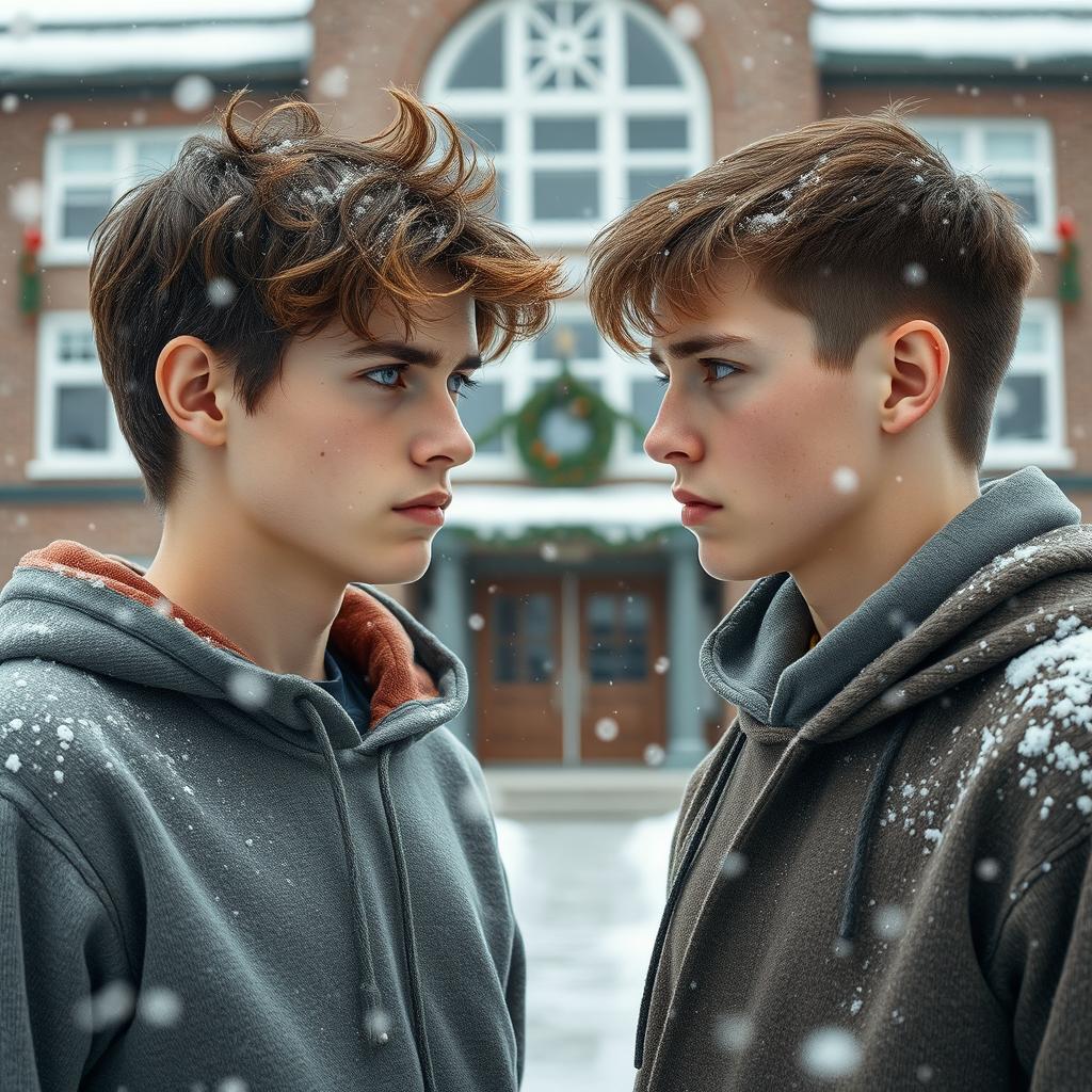 In a picturesque Norwegian high school setting during snowfall, two teenage boys stand face to face, showcasing their rivalry
