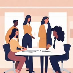 Animation rendering of six coworkers, three women and three men, finishing a business meeting.