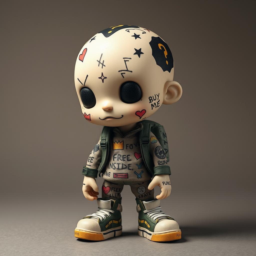 An original art toy concept with a street vibe, featuring a caricatured boy figure with an oversized head