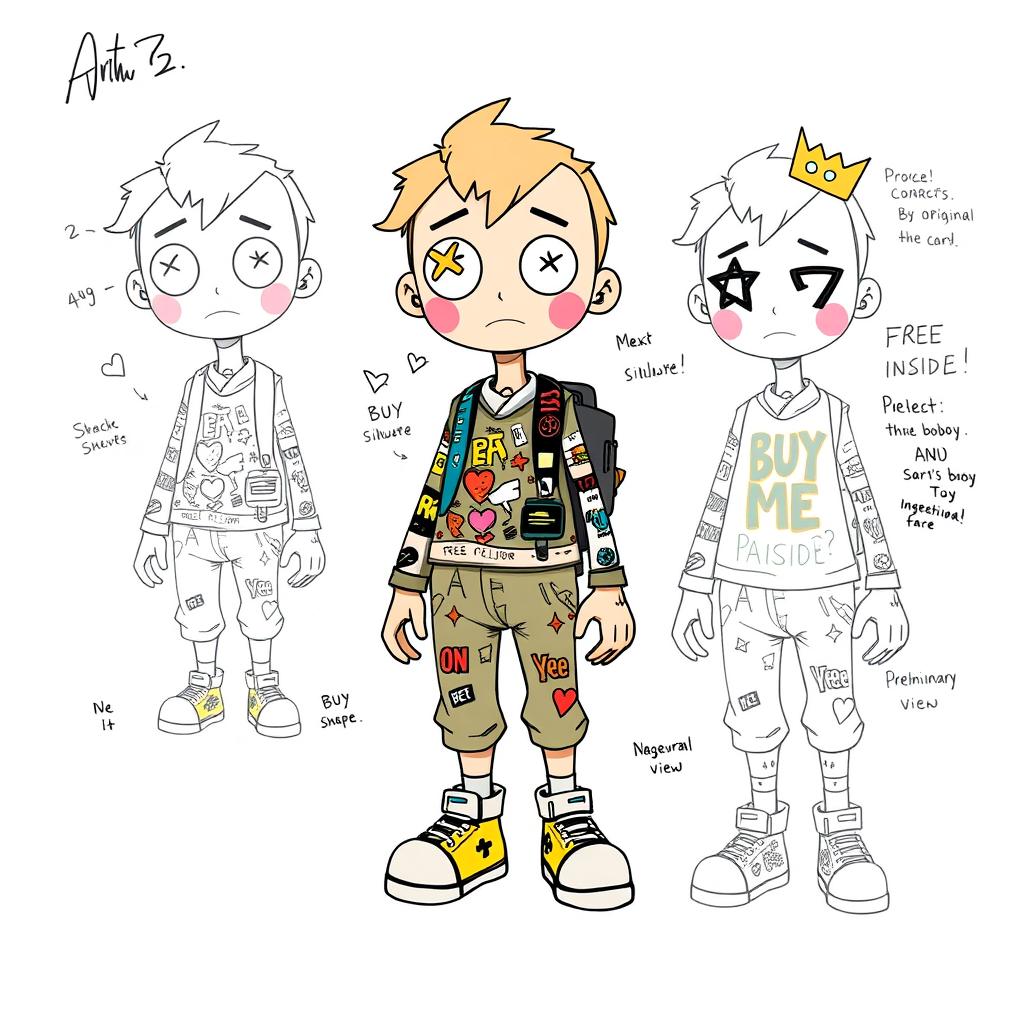 An original art toy concept featuring a cartoonish boy with exaggerated proportions
