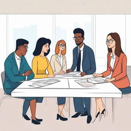 Animation rendering of six coworkers, three women and three men, finishing a business meeting.