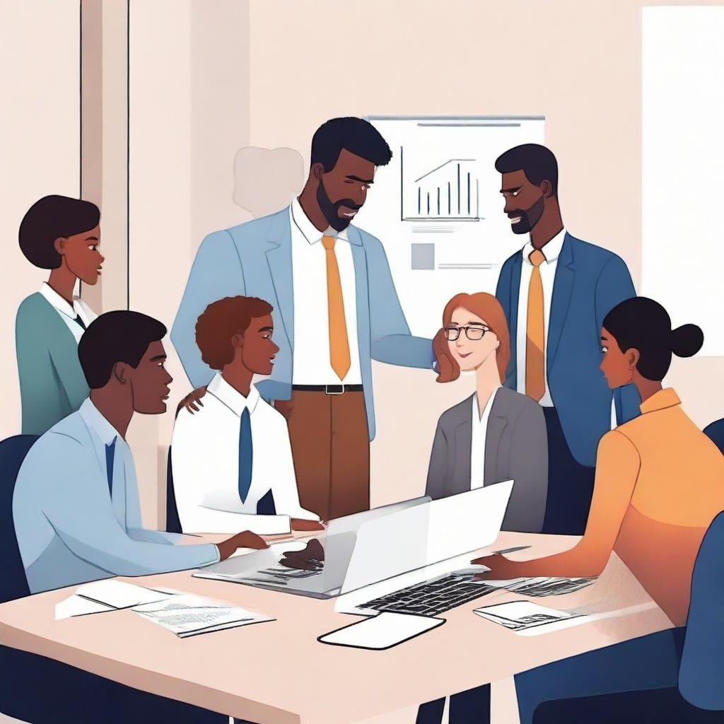 Animation rendering of six coworkers, three women and three men, finishing a business meeting.