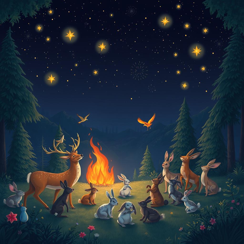 A serene night scene in a lush forest after a fire has been extinguished