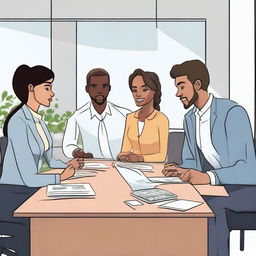 Animation rendering of six coworkers, three women and three men, finishing a business meeting.