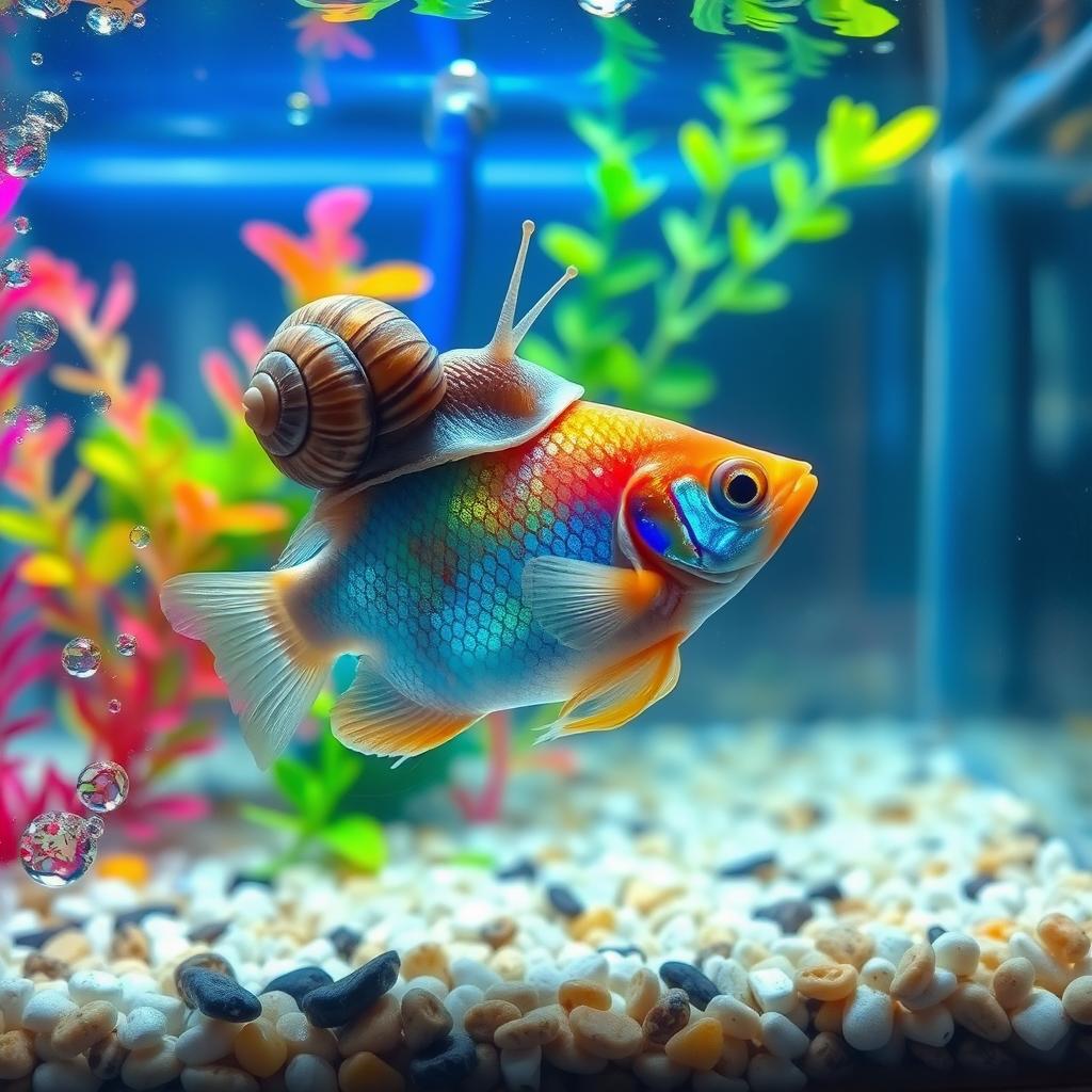 A snail gracefully eating a colorful fish inside a clear fish tank