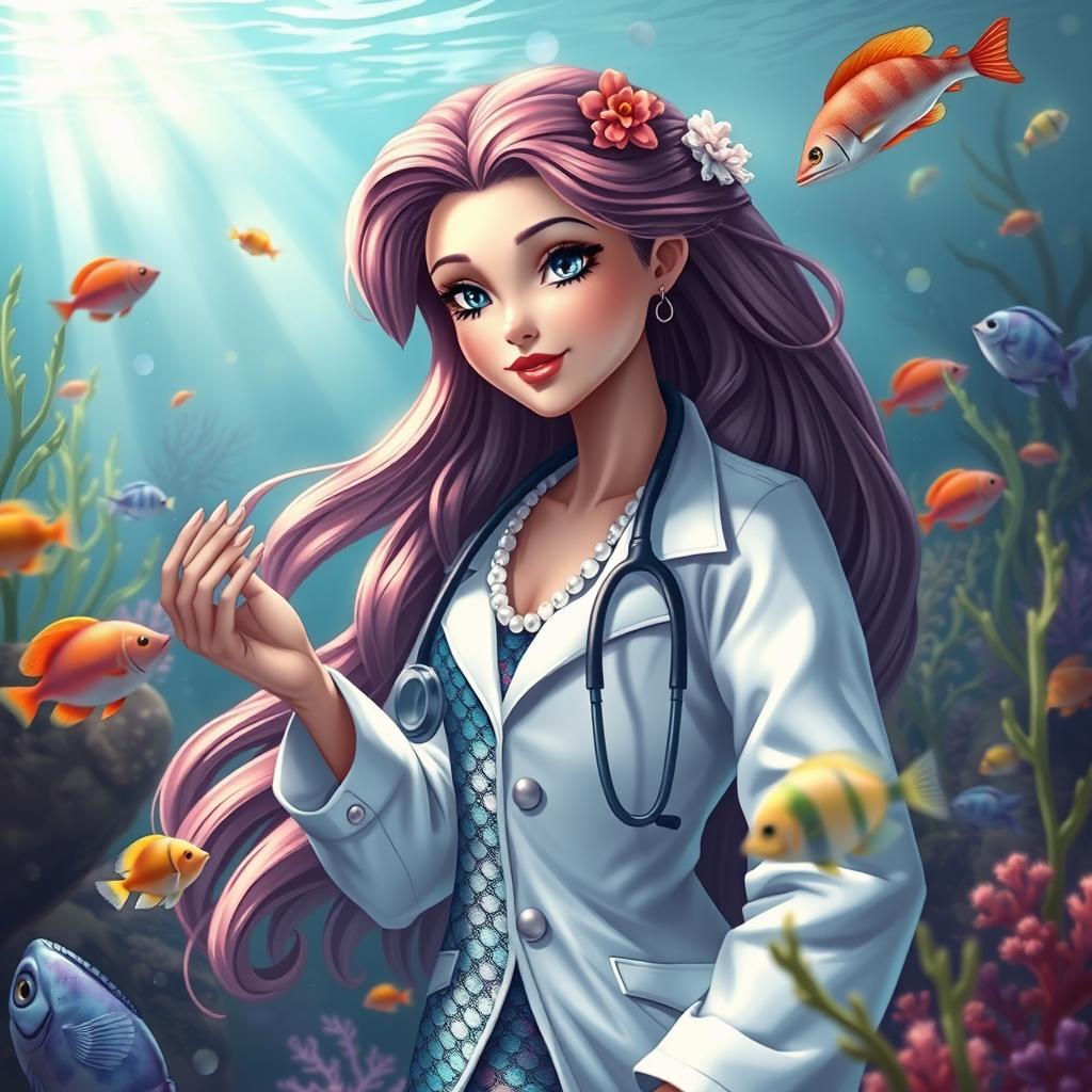 A beautiful mermaid princess with a doctor outfit, submerged in a vibrant underwater world