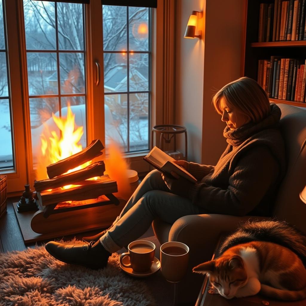 A cozy corner with a person deeply engrossed in a book, sitting next to a gently crackling fireplace