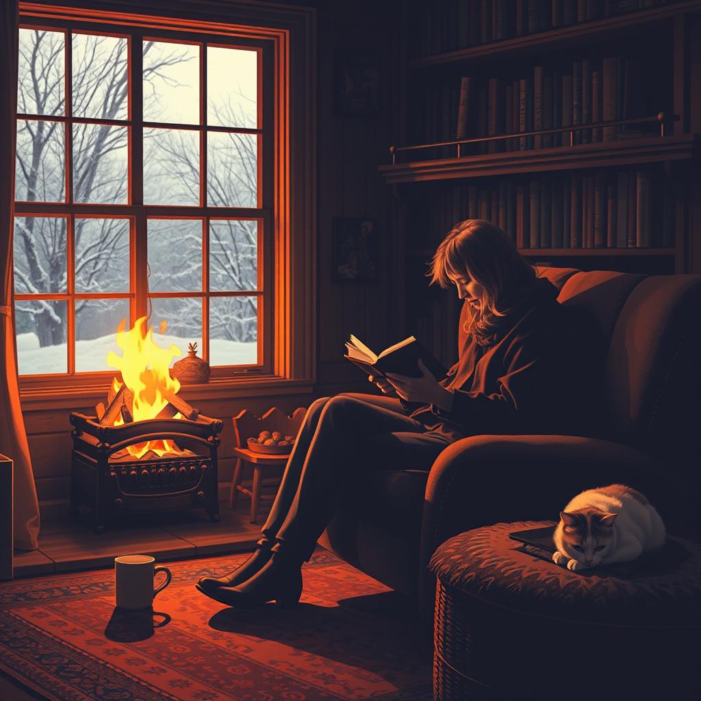 A cozy reading nook featuring a person deeply engrossed in a book, seated beside a gently crackling fireplace